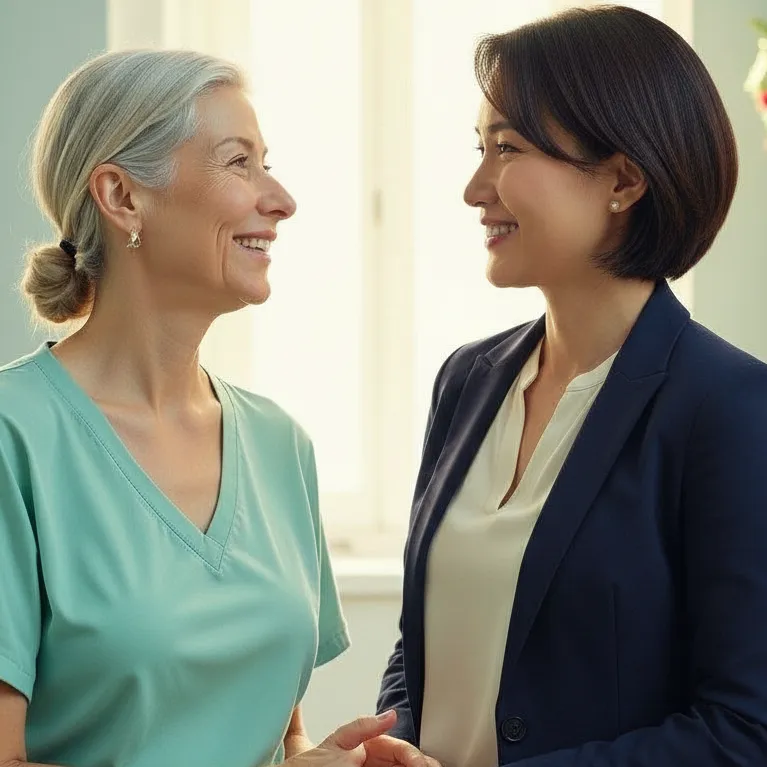 Two women speaking compassionately. 